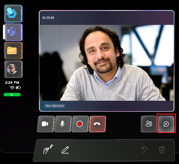 Captura de tela de janela Reuniões com o botão Chat em destaque.
