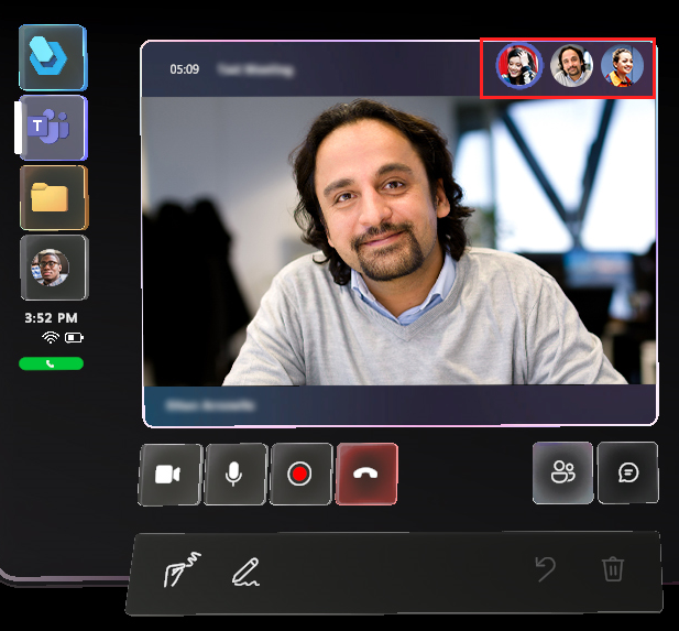 Captura de tela de janela Reunião com avatares em destaque.