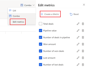 Captura de tela que ilustra a opção Editar métricas no gerenciador de negócios e o painel lateral Editar métricas com a opção Criar uma métrica e a lista de métricas.