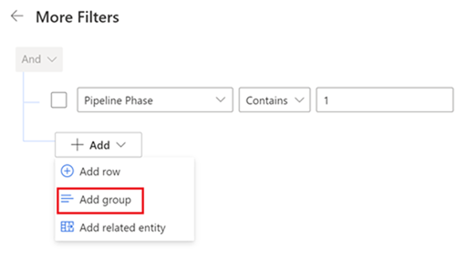 Captura de tela da opção Adicionar grupo no painel Mais filtros.