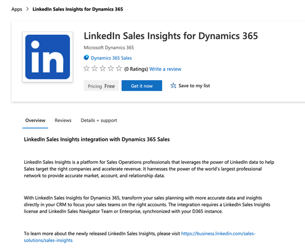Página do LinkedIn Sales Insights for Dynamics 365 AppSource.