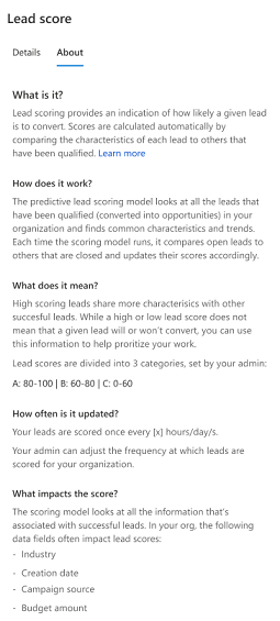 Captura de tela da guia Sobre da pontuação preditiva do cliente potencial.