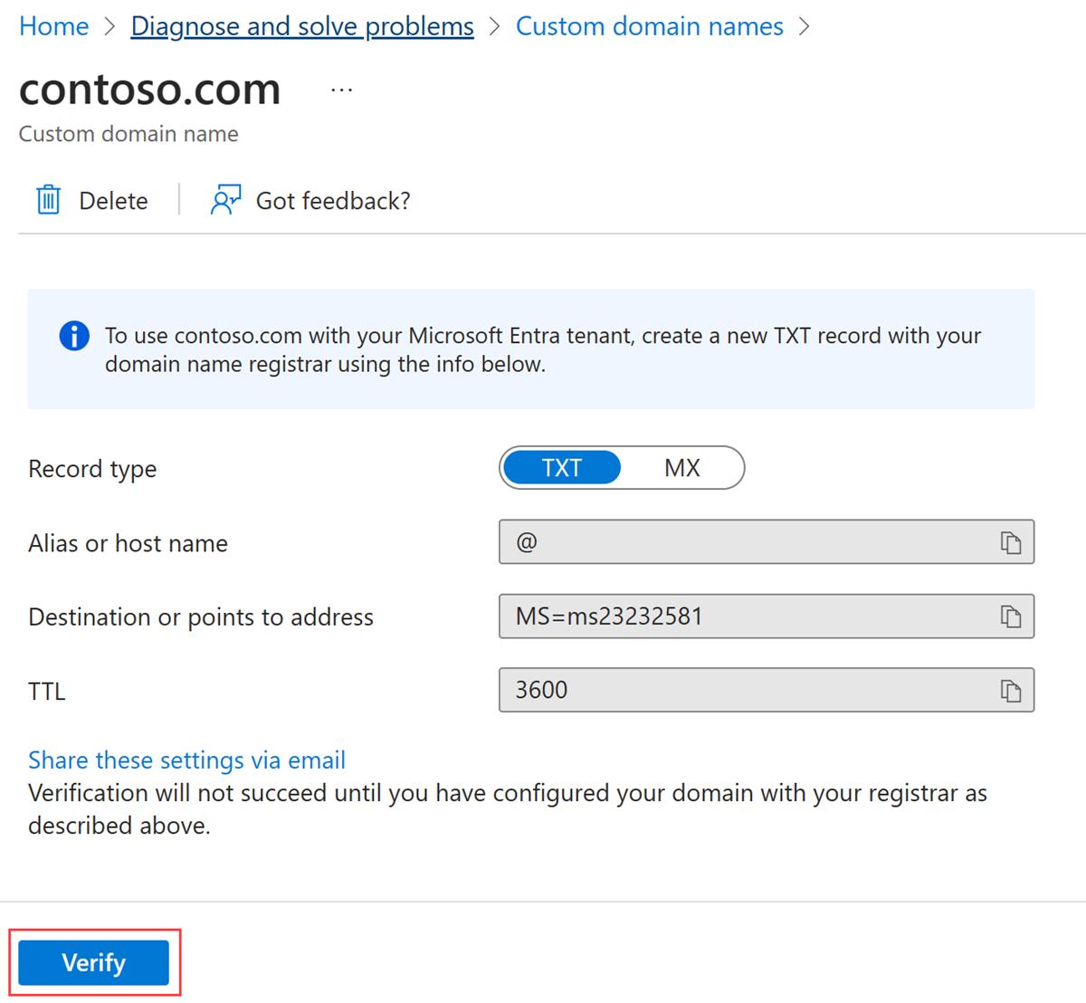 Captura de tela da página da Contoso com informações da entrada de DNS e o botão Verificar.