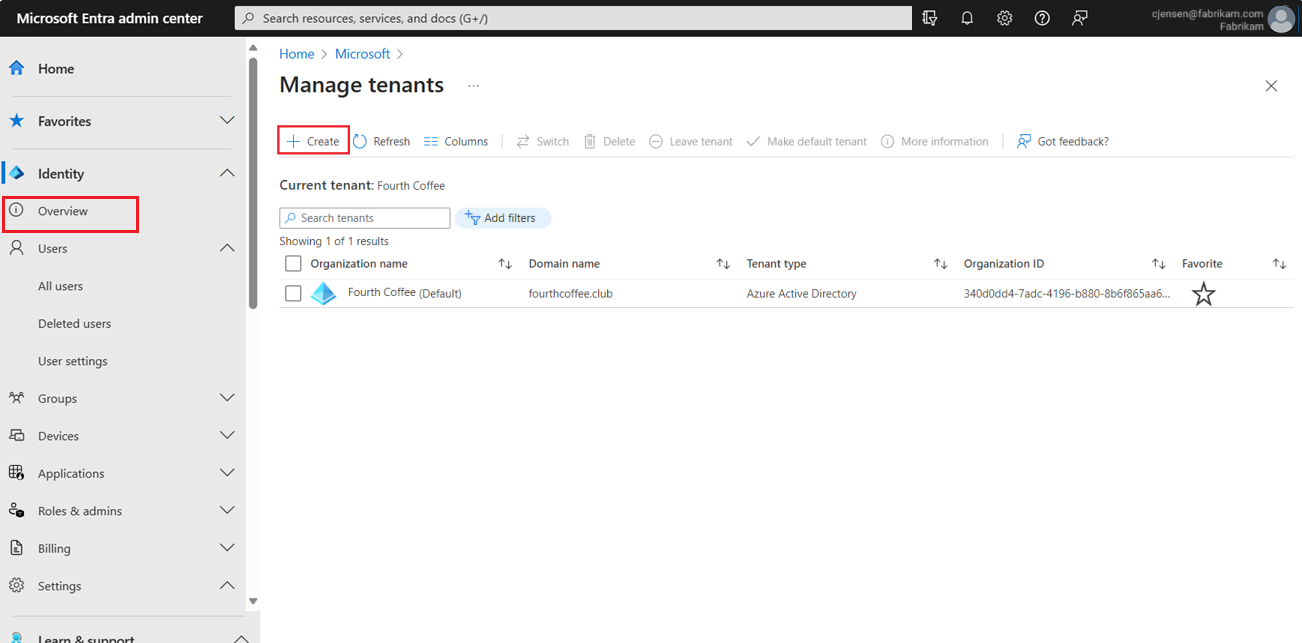Captura de tela do Microsoft Entra ID – página Visão geral – Criar um locatário.