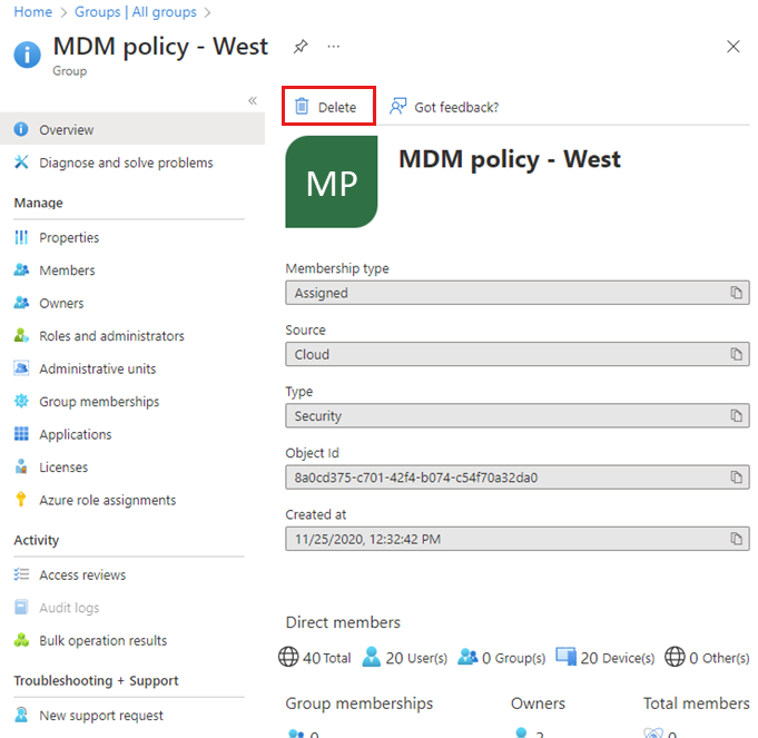 Captura de tela da página “Visão geral de Política de MDM – Oeste” com o link “Excluir” realçado.