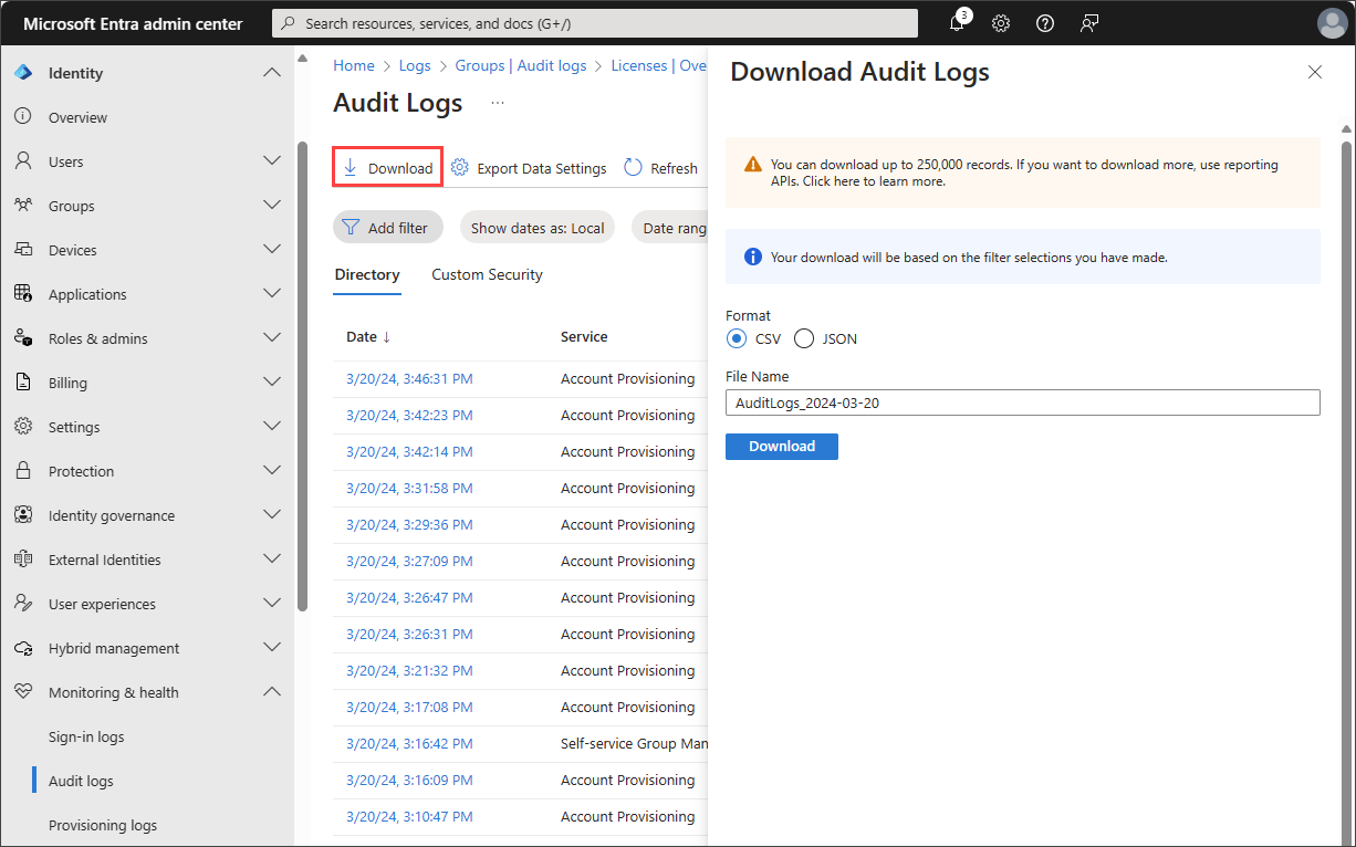 Captura de tela do processo de download do log de auditoria.