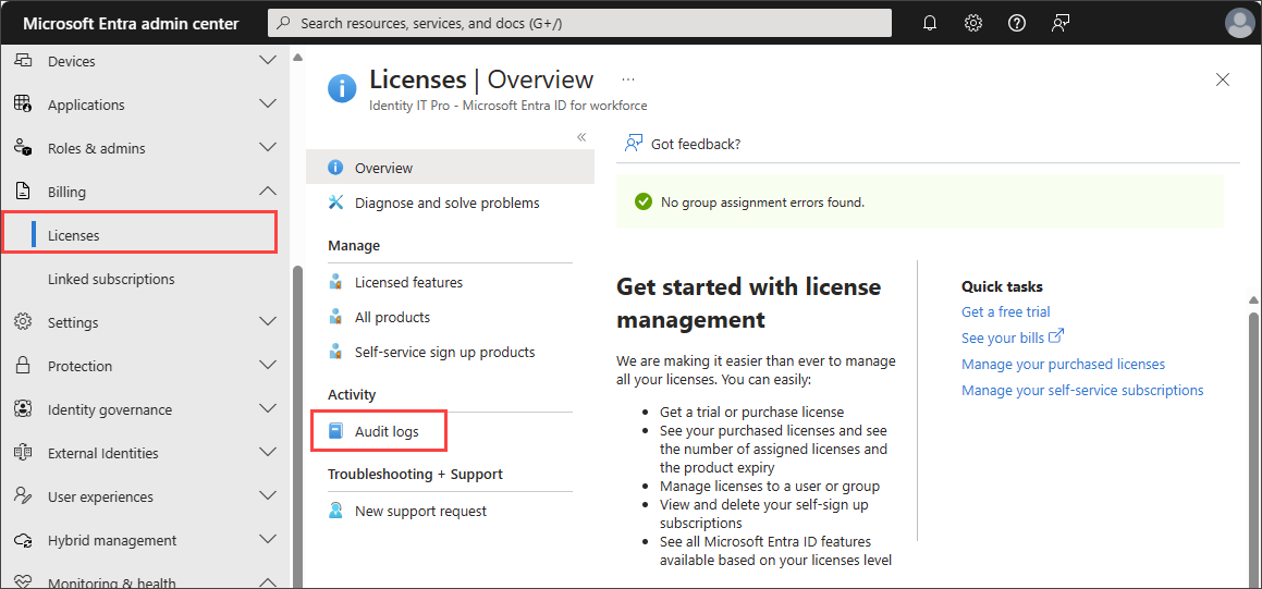 Captura de tela da área de licenças do Microsoft Entra ID com a opção Logs de auditoria realçada.