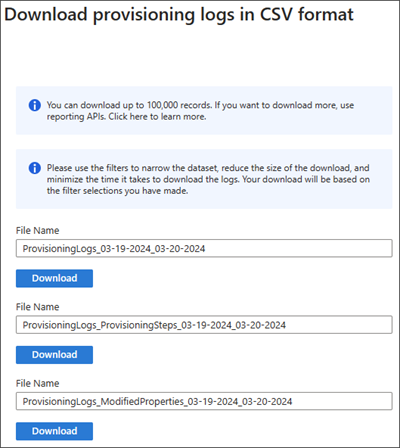 Captura de tela das opções de download para os logs de provisionamento.