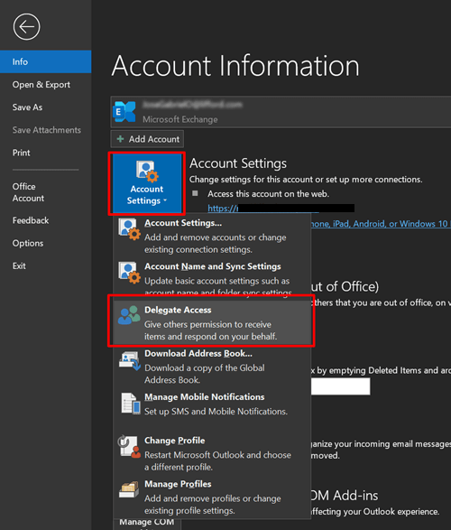 Configuração delegar acesso no Outlook.