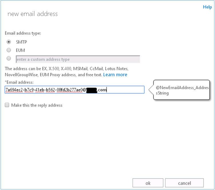 Imagem da caixa de diálogo do novo endereço de email, com o endereço de email que você deve inserir para redefinir a marca das notificações de Email secundário.