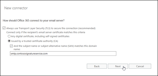 No novo assistente de conector, use TLS e identifique o nome do domínio de certificado para conexões com Exchange Online.