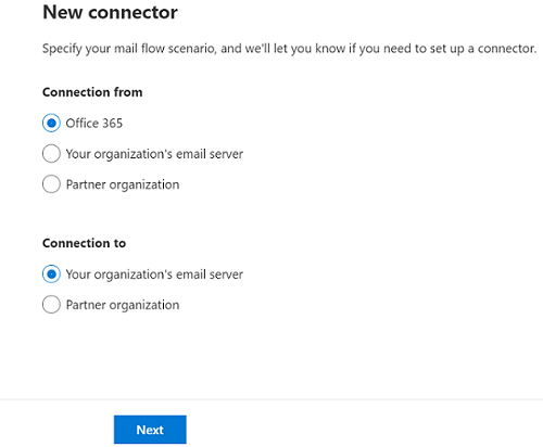 A tela na qual um conector está sendo criado de Office 365 para o servidor de email da sua organização
