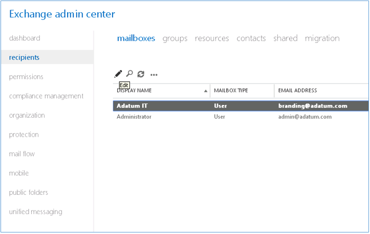 Imagem do Centro de Administração do Exchange ao criar sua caixa de correio de identidade visual para Email secundário.