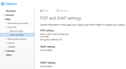 Configurações POP no Outlook na Web.