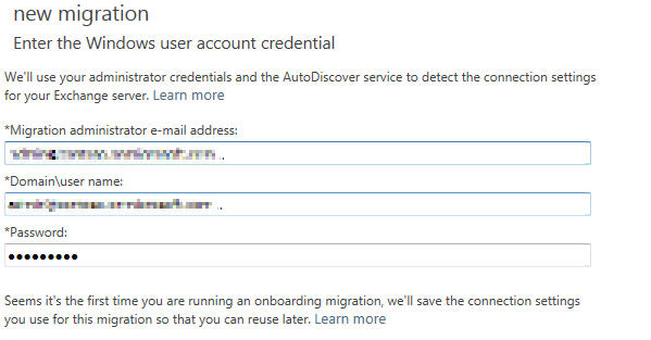 Captura de tela da página Inserir a credencial da conta de usuário do Windows para migração de recorte.