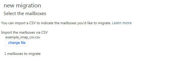 Captura de tela da página Selecionar as caixas de correio para migração I M A P.