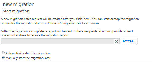 Captura de tela da página Iniciar migração para migração de recorte.