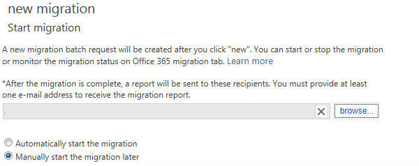 Captura de tela da página Iniciar migração para migração I M A P.