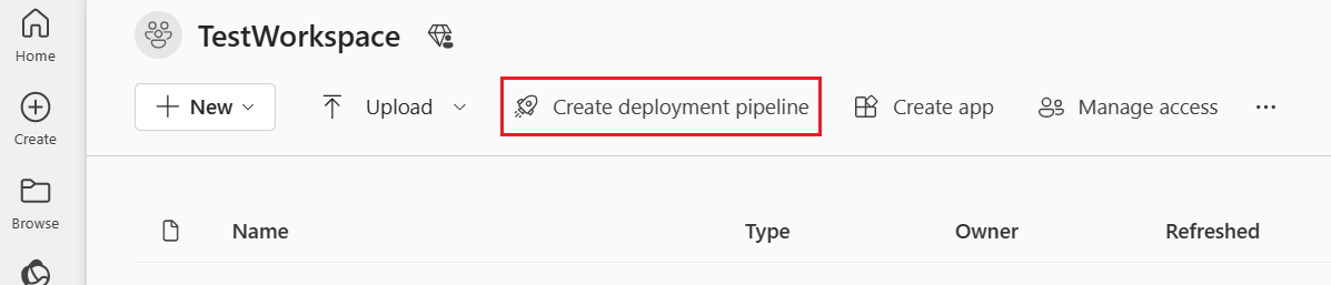 Captura de tela do botão para criar um pipeline em um workspace.