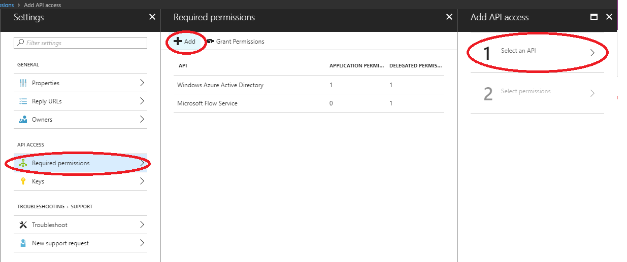 Captura de tela localizando as permissões necessárias, adição e seleção de uma API.