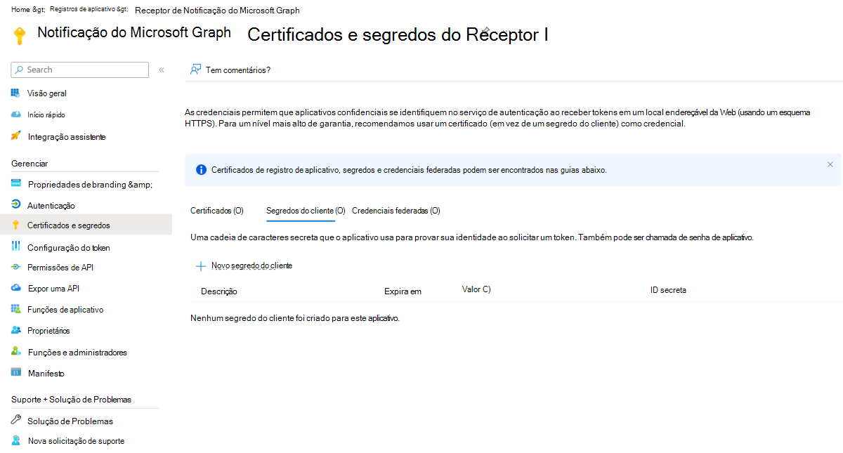 Captura de tela dos certificados e segredos do aplicativo no centro de administração do Microsoft Entra