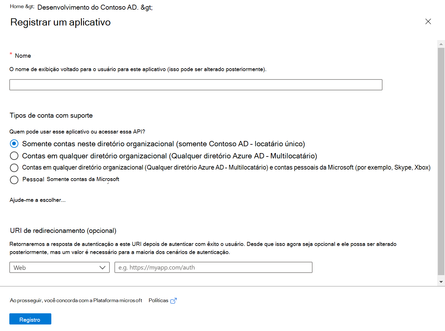 Captura de tela do centro de administração do Microsoft Entra, mostrando o painel Registrar um aplicativo.