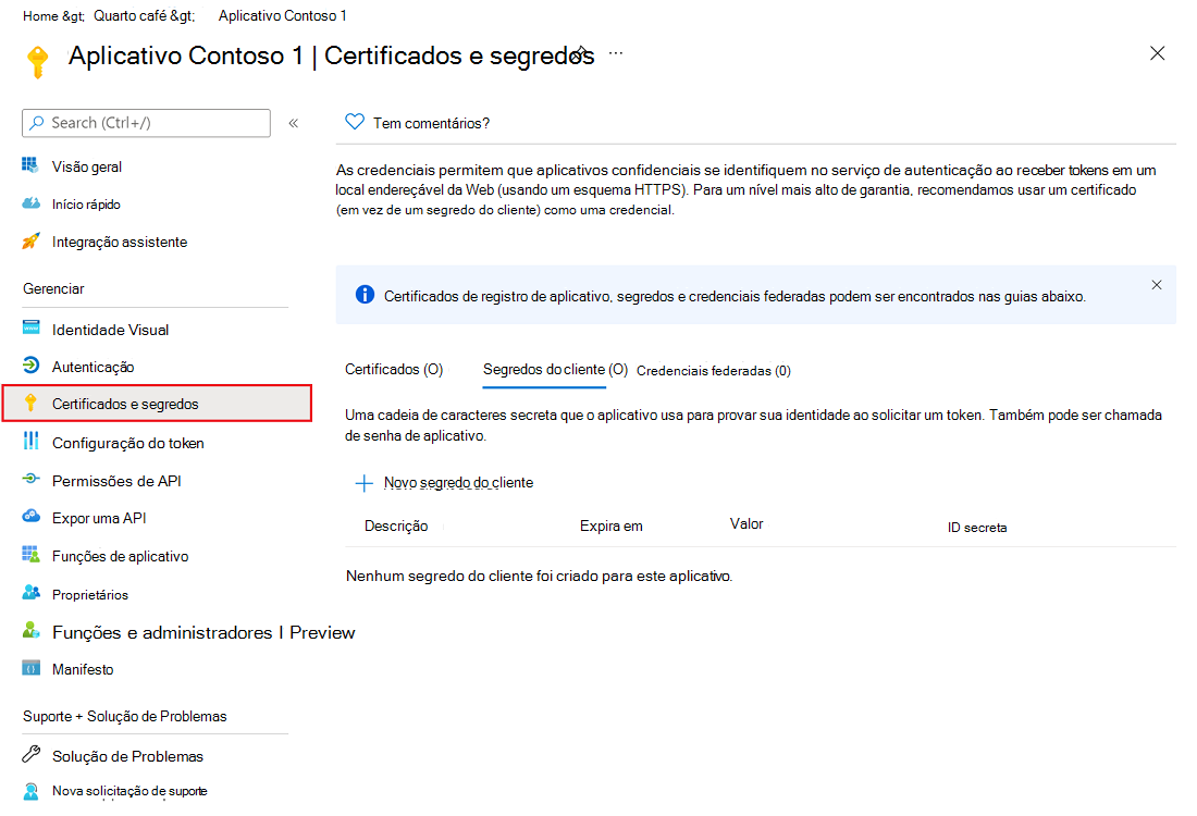 Captura de tela do centro de administração do Microsoft Entra, mostrando o painel Certificados e segredos em um registro de aplicativo.