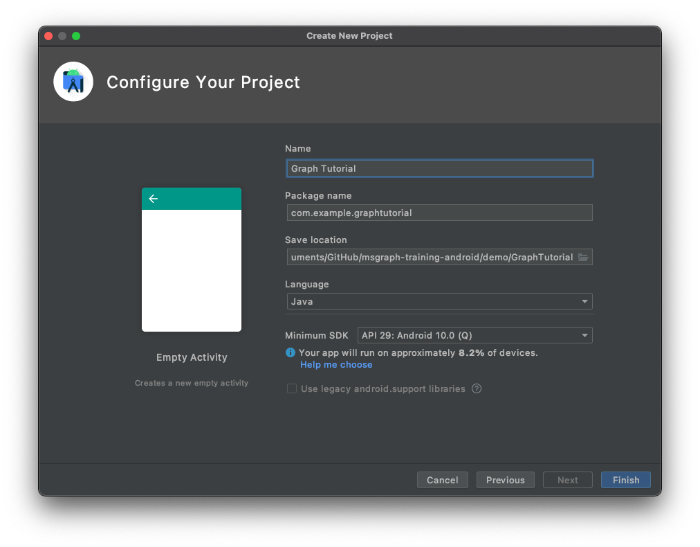 Uma captura de tela da caixa de diálogo Configurar seu projeto