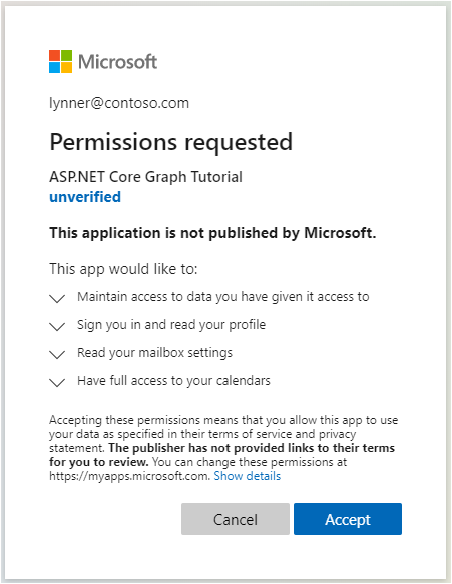 Uma captura de tela do prompt plataforma de identidade da Microsoft consentimento