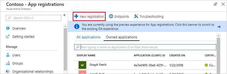 Uma captura de tela da folha Registros de Aplicativo no centro de administração do Azure Active Directory