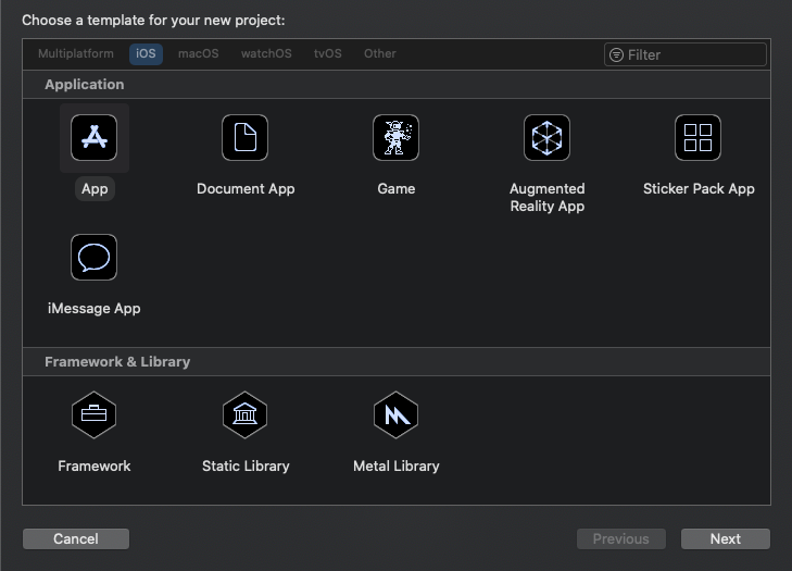 Uma captura de tela da caixa de diálogo de seleção de modelo Xcode