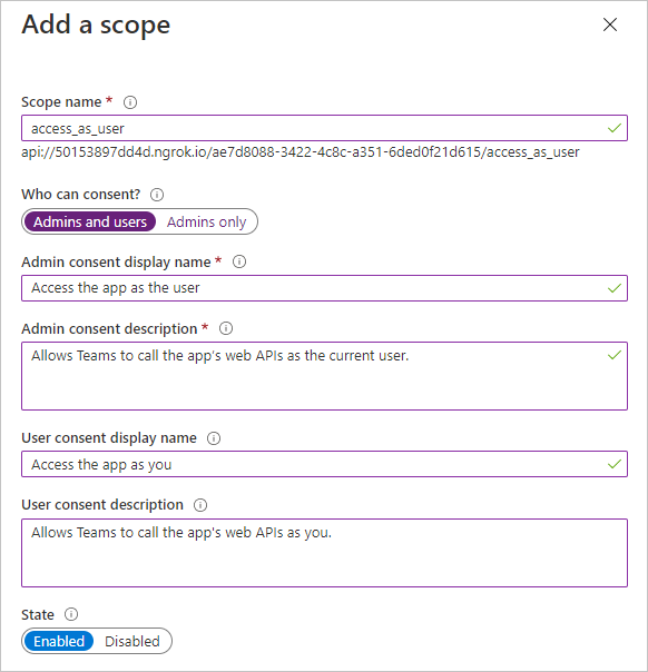 Uma captura de tela do formulário Adicionar um escopo