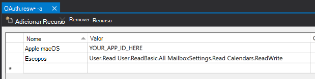 Uma captura de tela do arquivo OAuth.resw no Visual Studio editor