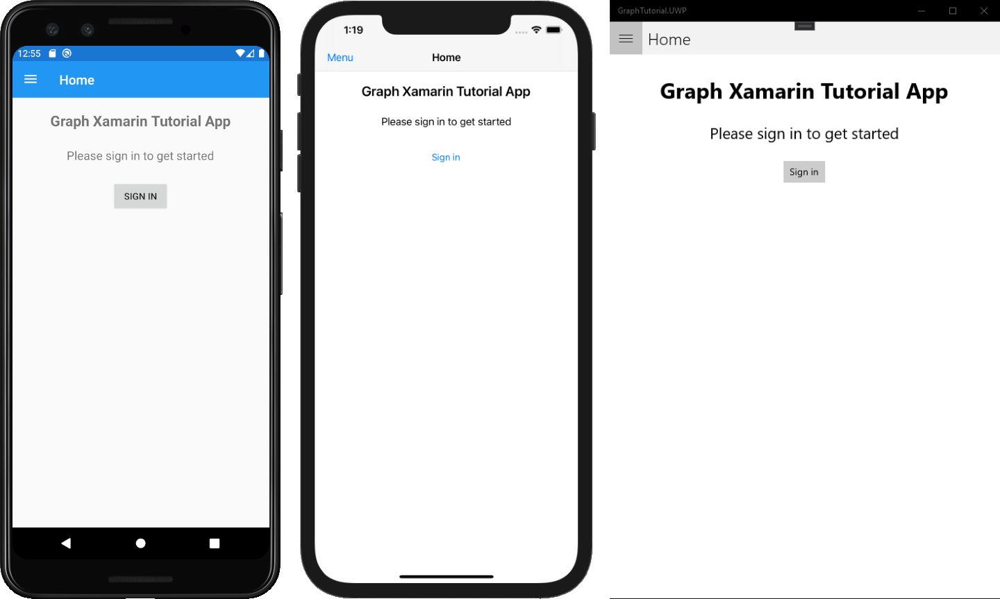 Capturas de tela das versões Android, iOS e UWP do aplicativo