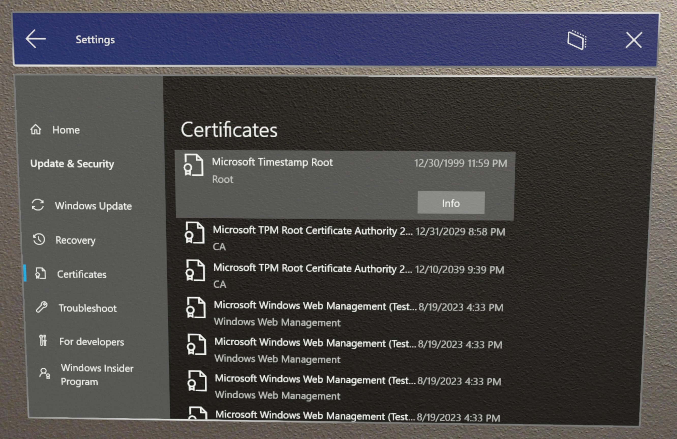Visualizador de certificados no aplicativo Configurações.