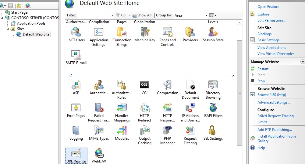 Screenshot that shows the Default Web Site Home pane. U R L Rewrite is selected.