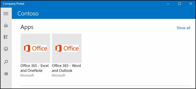 O aplicativo Portal da Empresa para Windows mostrando duas versões do Office lado a lado.
