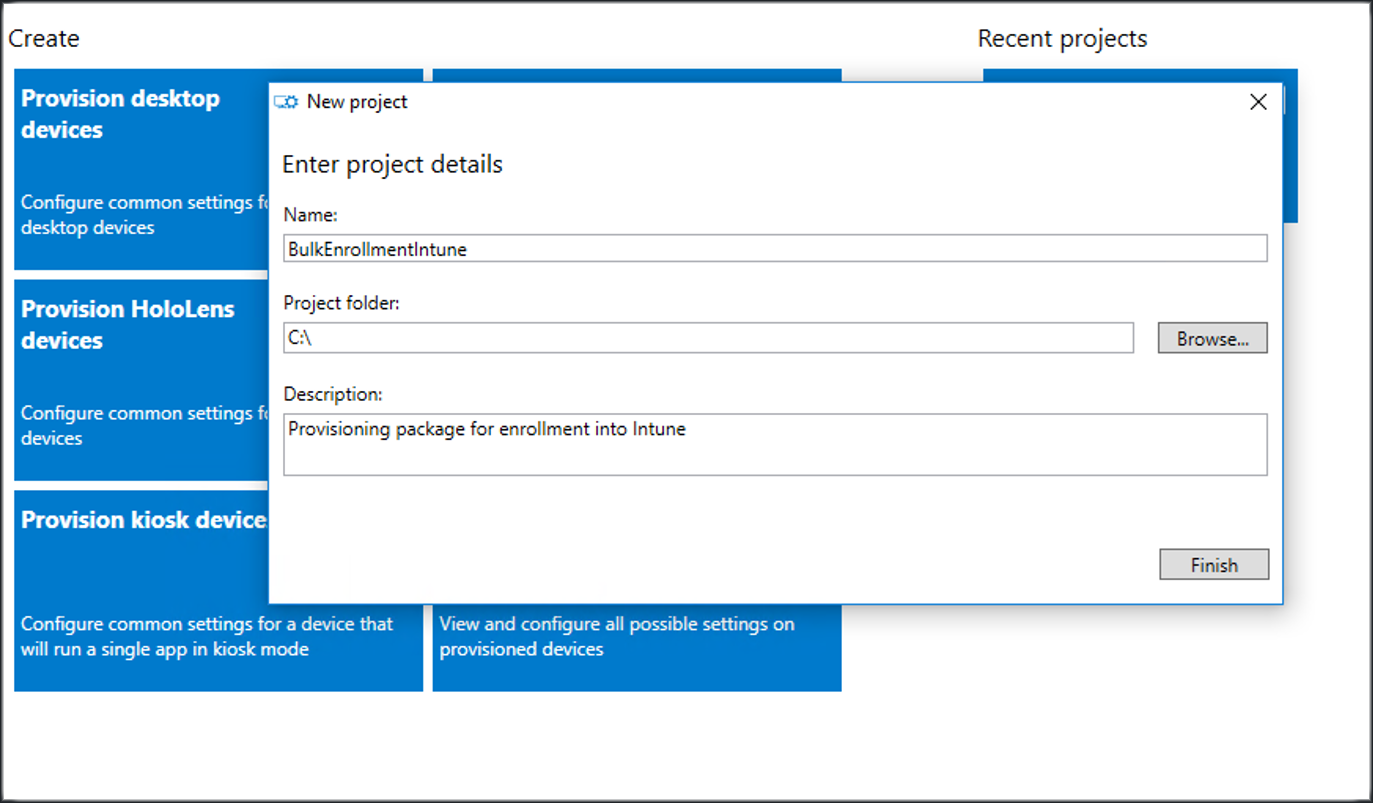 Captura de tela da especificação de nome, pasta de projeto e descrição no aplicativo Designer de Configuração do Windows