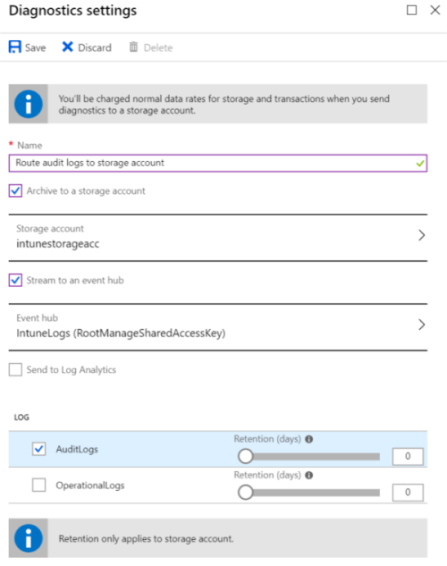 Captura de tela que mostra como enviar Microsoft Intune logs de auditoria para uma conta de Armazenamento do Azure.