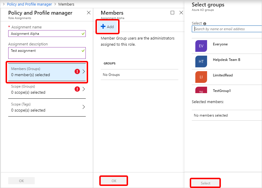 Captura de tela de grupos de membros selecionados.