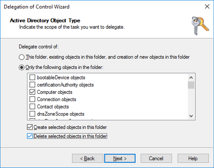 Captura de tela do painel Tipo de Objeto do Active Directory.