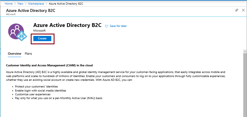 Entrada do Azure Marketplace para o Azure Active Directory B2C.