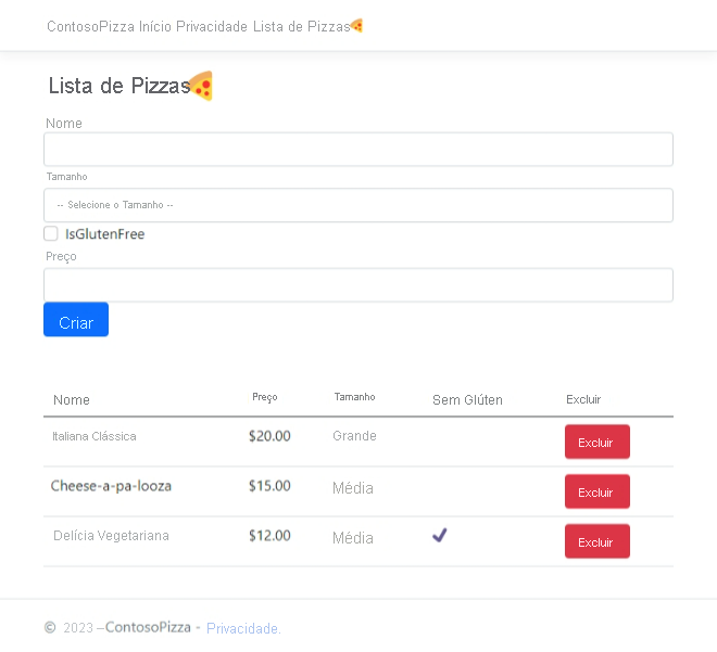 Captura de tela da página PizzaList com o novo formulário de pizza.
