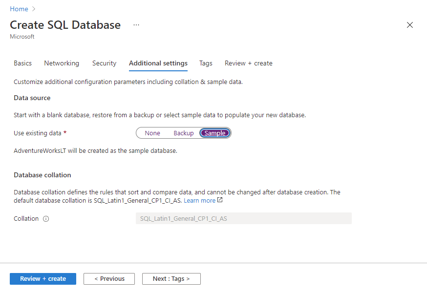 Screenshot of the Additional settings tab of the Create SQL Database pane with settings selected.