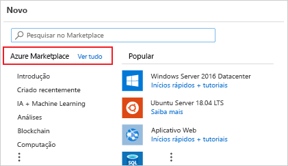 Screenshot of the Azure portal new resource page with Azure Marketplace.