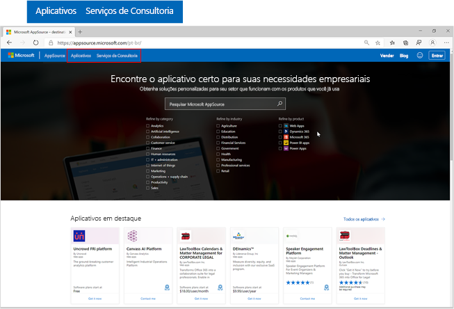 Screenshot of Microsoft AppSource homepage with emphasis on apps and consulting services buttons.