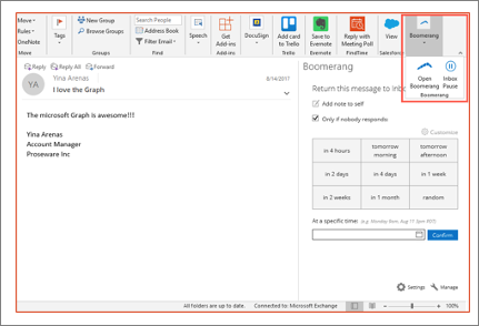 Captura de tela do Outlook exibindo um exemplo de botões e menu de suplemento.