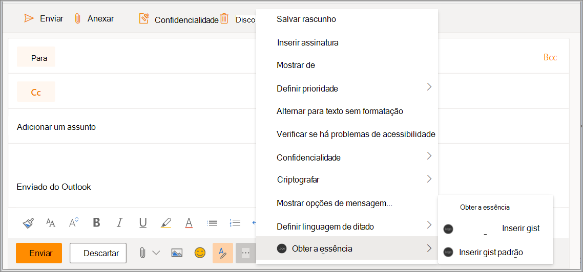 Captura de tela do formulário de redação de mensagem no Outlook na Web com o botão de suplemento e o menu pop-up destacados.
