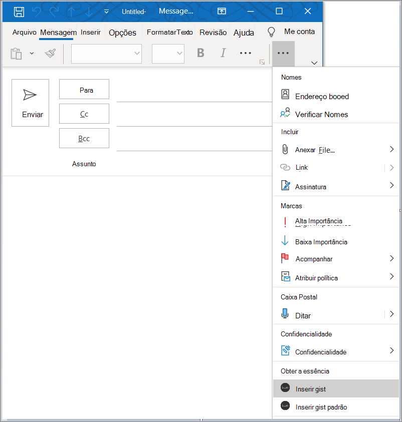 Captura de tela do Outlook no Windows com os botões de suplementos destacados no menu de estouro da faixa de opções.