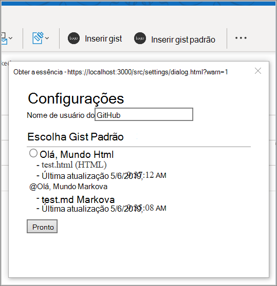 Captura de tela da caixa de diálogo de configurações do suplemento.